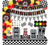 PIXHOTUL Race Car Birthday Party Supplies: Car Theme Party Decorations Serving 20, Includes Happy Birthday Banner, Paper Plates, Tablecloth, Checkered Flag Cake Topper, Balloon Garland Arch