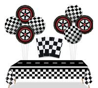 PIXHOTUL Race Car Party Decorations - 3 Pcs Checkered Race Track Tablecloths, 8 Pcs Foil Race Car Balloons Black Checkered Flag Table Cover for Kids and Adults Race Car Birthday Party Supplies
