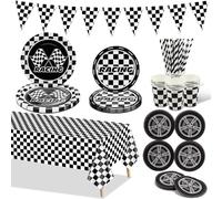 PIXHOTUL Racing Car Birthday Party Decorations, Racing Car Party Supplies Include Paper Plates, Checkered Tablecloth, Paper Cups, Tire Napkins, Flag for Kids Birthday, Race Theme Party, Serve 20