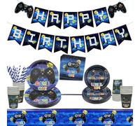 PIXHOTUL Video Game Party Supplies - Gaming Themed Birthday Party Decor for Boys and Teens - Including Paper Plates, Cups, Napkins, Video Game Tablecloth, Happy Birthday Banner, Serves 20 Guests