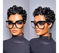 Pixie Cut Curly iWigs for Black Women Short Layered Pixie Wigs Brazilian Virgin Curly Wavy Human Glueless Short Curly Wigs With Bangs Natural Black Color for Daily Use
