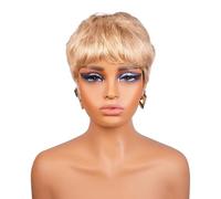 Pixie Cut Human Hair Short Cut Wigs for Black Women,Blonde Glueless Layered Lace Front Wig with Bangs Fluffy and Natural