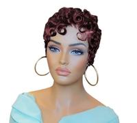 Pixie Cut Lace Front Brazilian Virgin Human Hair Wig,13X4 Laces Frontal Wigs Short Layered Curly Hairs with Bangs Fluffy and Natural(Wine Red)