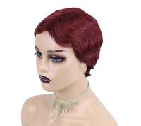 Pixie Cut Wig 6 Inch Short curly Wave Pixie Wig Human Hair,Glueless Pixie Wig, Heat-resistant synthetic wig,for Black Women Daily Party Cosplay Use.(Wine red)