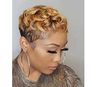 Pixie Cut Wig Human Hair Short Pixie Cut Wigs for Black Women Human Hair Glueless Pixie Wig Layered None Lace Front Wig with Bangs Natural Straight Wig.(Gradient)