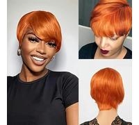 Pixie Cut Wig with Bangs Brazilian Human Hair Natural Black Short Bob Style Full wig-6inches-OrangeRed