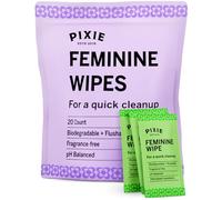 Pixie Feminine Wipes - Flushable, Biodegradable, & Ph Balanced - Individually Wrapped Packet Wipes for On The Go & Public Bathrooms - Wash & Cleaner For Your Menstrual Cups & Discs (1 Pack of 20)