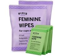 Pixie Feminine Wipes - Flushable, Biodegradable, & Ph Balanced - Individually Wrapped Packet Wipes for On The Go & Public Bathrooms - Wash & Cleaner For Your Menstrual Cups & Discs (2 Packs of 20)