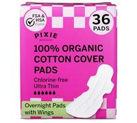 Pixie Organic Cotton Overnight Pads for Women - Extra Heavy Absorbency with Wings - Leak-Proof, Hypoallergenic & Unscented - Compostable, Biodegradable - 36 Count