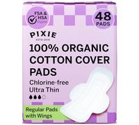 Pixie Organic Cotton Pads for Women - Ultra Thin with Wings, Leak-Proof & Moisture-Wicking - Compostable, Unscented Menstrual Pads - Regular Absorbency - 48 Count
