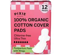 Pixie Organic Cotton Ultra-Thin Extra Long Overnight Pads for Women - Maximum Absorbency with Wings - Leak-Proof, Hypoallergenic, Unscented, Postpartum - Compostable, Biodegradable - 12 Count