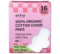 Pixie Organic Cotton Ultra Thin Mini Pads Teens - Liners with Wings - Light Absorbency Menstrual Pads - Hypoallergenic, Unscented & Biodegradable for Feminine Care - 16 Count