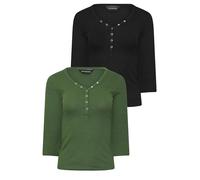 PixieGirl Petite 2 Pack Black & Khaki Green Button Henley Tops Petite
