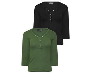 PixieGirl Petite 2 Pack Black & Khaki Green Button Henley Tops Petite