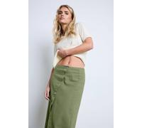 PixieGirl Khaki Green Denim Asymmetric Button Midi Skirt Petite