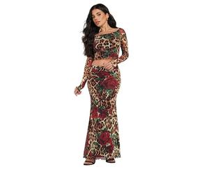PixieGirl Petite Beige Brown Leopard Print Rose Mesh Top Petite