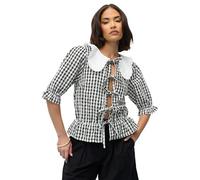 PixieGirl Petite Black Gingham Tie Front Collar Cotton Peplum Top Petite