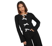 PixieGirl Petite Black Ribbed Bow Detail Long Sleeve Top Petite
