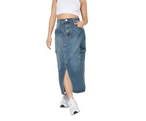 PixieGirl Petite Blue Denim Cargo Midi Skirt Petite