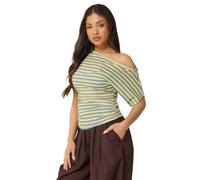 PixieGirl Petite Blue & Yellow Stripe Slash Neck Ruched T-Shirt Petite