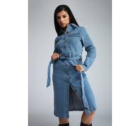 Pixiegirl Petite Denim Tie Waist Midi Dress In Mid Blue Mid Blue 12