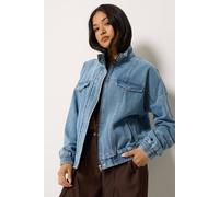 Pixiegirl Petite Funnel Neck Denim Trucker Jacket In Mid Blue Mid Blue