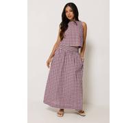 Pixiegirl Petite Gingham Shirred Maxi Skirt In Burgundy Burgundy