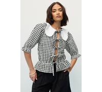 Pixiegirl Petite Gingham Tie Front Peplum Top In Black Black 18
