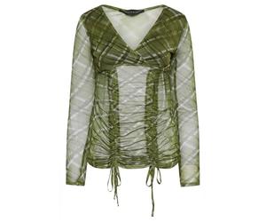 PixieGirl Petite Green Checked Ruched Front Wrap Top Petite