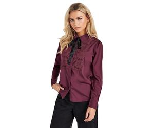 PixieGirl Petite Ivory White Lace Trim Tie Neck Shirt Petite