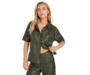 PixieGirl Petite Khaki Green Sequin Embellished Short Sleeve Shirt Petite