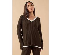 Pixiegirl Petite Knitted V-Neck Jumper In Chocolate Chocolate 6-8