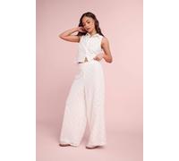 Pixiegirl Petite Lace Lined Shirt & Wide Leg Trousers Set In White White