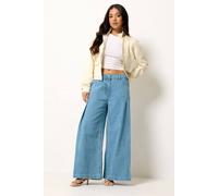 Pixiegirl Petite Pleated Palazzo Wide Leg Jeans In Mid Blue Mid Blue