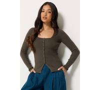 Pixiegirl Petite Ribbed Button Scoop Neck Jumper In Brown Brown