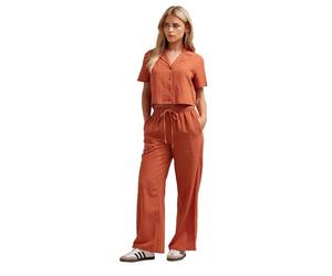 PixieGirl Petite Rust Orange Linen Cropped Short Sleeve Shirt Petite