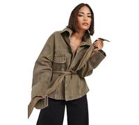 PixieGirl Stone Brown Belted Utility Denim Jacket Petite