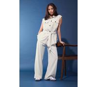 PixieGirl Women's Petite Belted Utility Shirt & Wide Leg Trousers Set in Ivory | Size: 10 PixieGirl Ivory 10