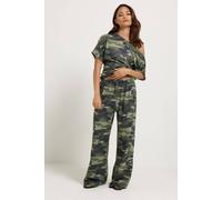 PixieGirl Women's Petite Camo Wide Leg Trousers in Dark Green | Size: 18