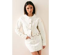 PixieGirl Women's Petite Collarless Denim Jacket in Cream | Size: 8