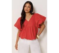 PixieGirl Women's Petite Cotton Puff Sleeve Top in Red | Size: 16