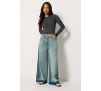 PixieGirl Women's Petite Frayed Wide Leg Jeans in Mid Blue | Size: 18S