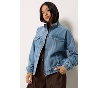 PixieGirl Women's Petite Funnel Neck Denim Trucker Jacket in Mid Blue | Size: 12