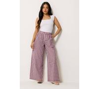 PixieGirl Women's Petite Gingham Cotton Wide Leg Trousers in Burgundy | Size: 8