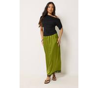 PixieGirl Women's Petite Lace Hem Satin Maxi Skirt in Olive | Size: 18