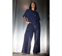 PixieGirl Navy Blue Sequin Embellished Wide Leg Trousers Petite