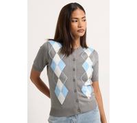 PixieGirl Women's Petite Short Sleeve Argyle Cardigan in Grey | Size: 10-12 PixieGirl Grey 10-12
