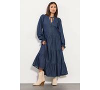 PixieGirl Women's Petite Tie Neck Tiered Dress in Dark Blue | Size: 10