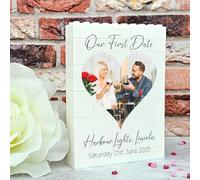 Pixie's Gifts Personalised Building Blocks Photo Plaque Our First Date | Custom Photo & Editable Text Romantic Keepsake | Couples Memory Gift for Anniversary (Heart Photo, Large - 12.7cm x 9.6cm)