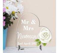 Pixie's Gifts Personalised Clear Acrylic Wedding Plaque with Stand: Custom Keepsake for Couples - Perfect for Wedding or Anniversary (Acrylic 8.5cm x 8.5cm, White Rose)